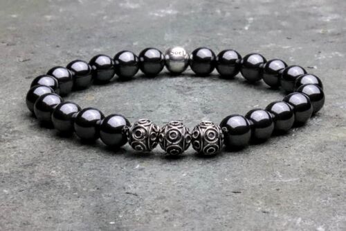 Hematite and Sterling Silver 8mm Beaded Bracelet