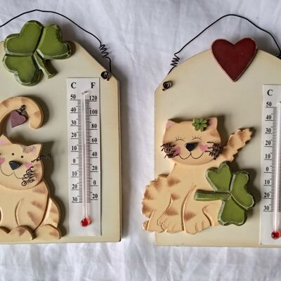 Wandthermometer aus Holz mit Katzenmotiv in 2 Designs 12X17cm