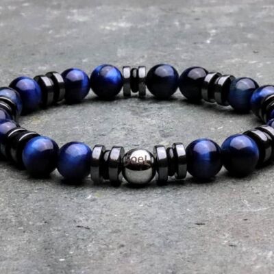 Blaues Tigerauge mit Hämatit und Onyx Perlenarmband