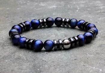 Bracelet Oeil de Tigre Bleu avec Hématite et Onyx 2