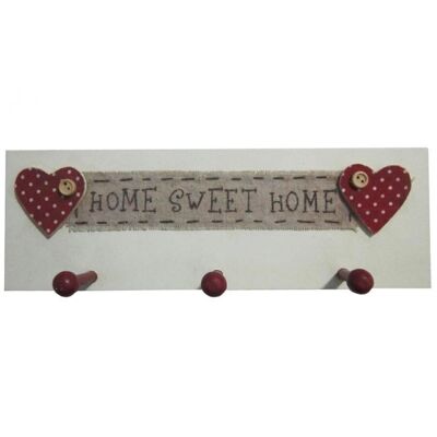 Wooden wall hanger with 3 hooks and the phrase HOME SWEET HOME 25x8cm