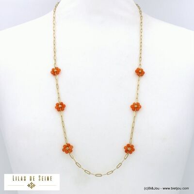 Lange Halskette aus Edelstahl mit Blumen und Steinperlen für Damen 0122137