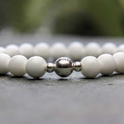 White Tridacna and Sterling Silver 8mm Beaded Bracelet