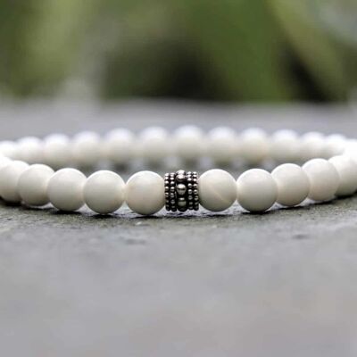 White Tridacna and Sterling Silver 6mm Beaded Bracelet