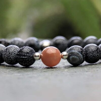 Black Wind Fossil Agate and Sunstone Beaded Bracelet