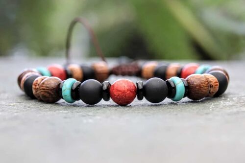 Onyx, Coral, Turquoise & Palmwood Beaded Bracelet