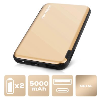 Akashi Technology - Batterie Powerbank 5,000 mAh à Charge Rapide - Finition Aluminium Doré