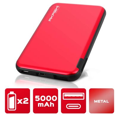 Akashi Technology - Batterie Powerbank 5,000 mAh à Charge Rapide - Finition Aluminium Rouge