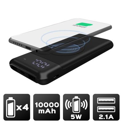 Akashi Technology - Batterie Powerbank avec Charge à Induction Sans Fil 10,000 mAh + 2 Ports USB, Noir