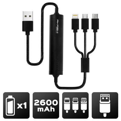 Akashi Technology - Câble 3 en 1 avec Batterie Intégrée, Connectique Lightning Apple, USB-C, Micro-USB, 2600 mAh