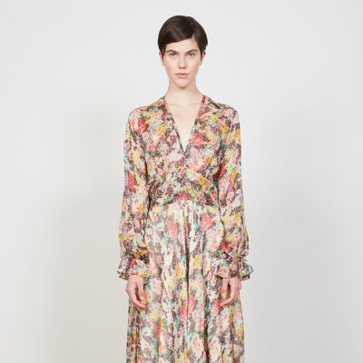 Long silk crepe dress with floral print
