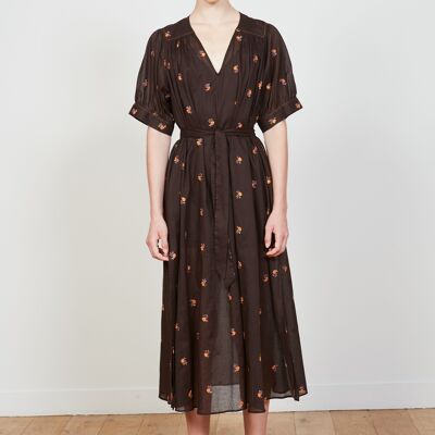 Cotton midi dress embroidered with floral motifs