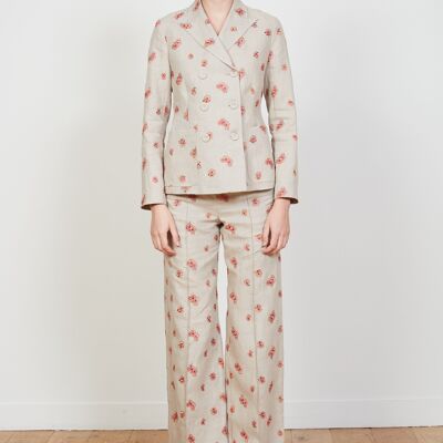 Linen suit jacket embroidered with floral motifs