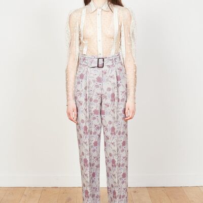 Printed and belted pleated trousers