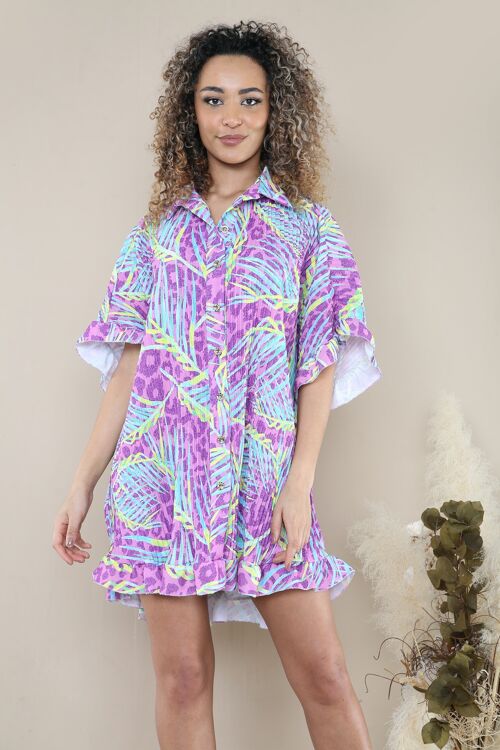 Patterned Crinkle Button Up Shirt Dress