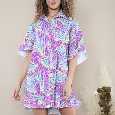 Vestido camisero estampado con botones arrugados