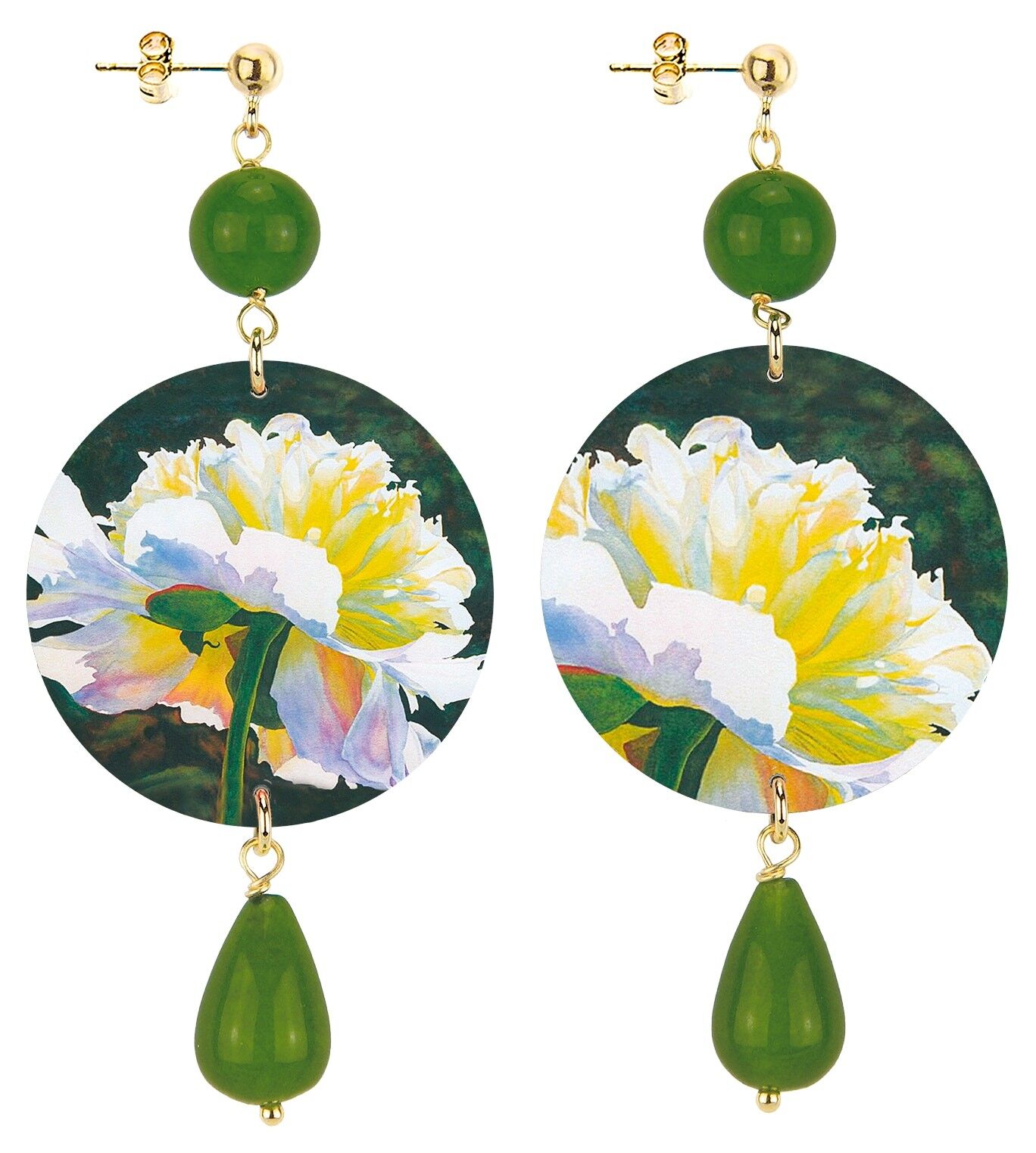 Celebra la primavera con gioielli ispirati ai fiori. Orecchini Donna The Circle Classico Fiore Bianco Fondo Verde. Made in Italy