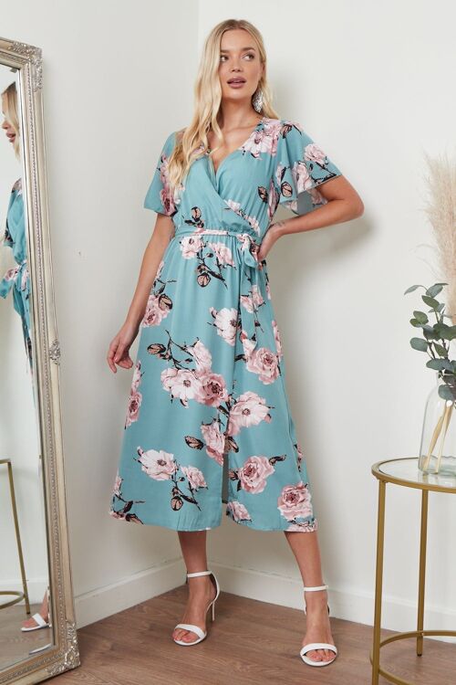 Angel Sleeves Midi Wrap Dress In Green Floral Print