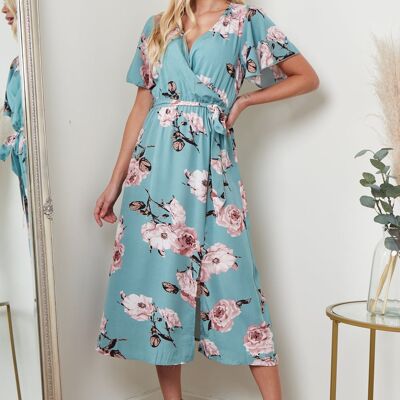 Angel Sleeves Midi Wrap Dress In Green Floral Print