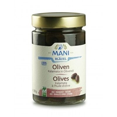 Aceitunas Kalamata orgánicas con aceite de oliva en un frasco
