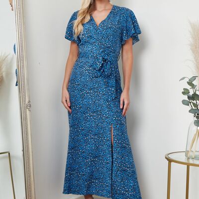 Robe longue cache-cœur à imprimé animal bleu