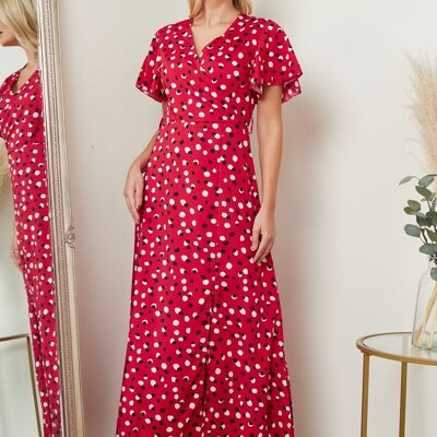 Wrap Front Maxi Dress In Red & Black Polka Dot