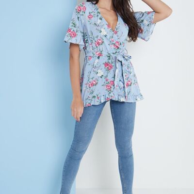 Blue Floral Wrap Top