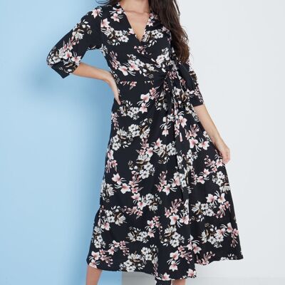 Midi Wrap Dress in Black Floral Print