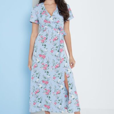 Robe longue cache-cœur à imprimé floral bleu