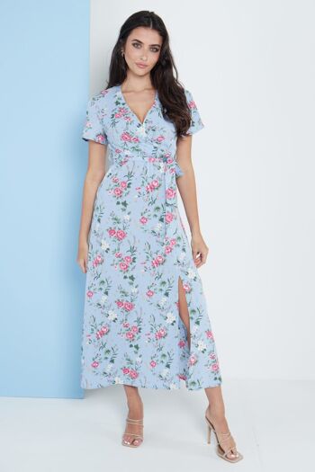 Robe longue cache-cœur à imprimé floral bleu 1