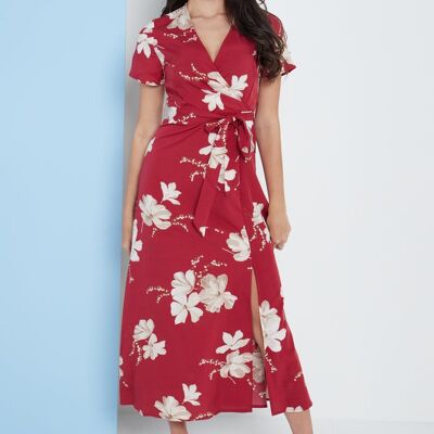 Vestido largo cruzado con estampado floral rojo