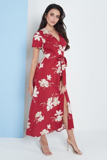 Robe longue cache-cœur à imprimé floral rouge 4