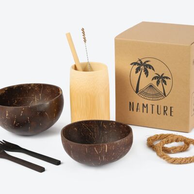 Nachhaltiges Starter-Set – Kokosnussschale + umweltfreundliches Besteck + Bio-Untersetzer + Bambusbecher + Bambusstrohhalm – Geschenkset – Küchenset