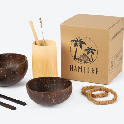 Sustainable Starter Set - Coconut Bowl + Eco Friendly Cutlery + Organic Coaster + Bamboo Cup + Bamboo Straw - Gift Set - Kitchen Set