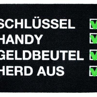 Checkliste Fußmatte Schlüssel, Handy, Geldbeutel, Herd aus