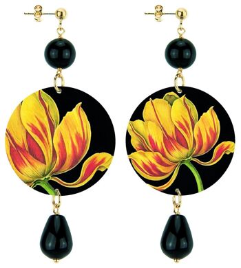 Célébrez le printemps avec des bijoux inspirés des fleurs. Boucles d'Oreilles Femme Cercle Classique Fleur Jaune Fond Noir Fabriqué en Italie