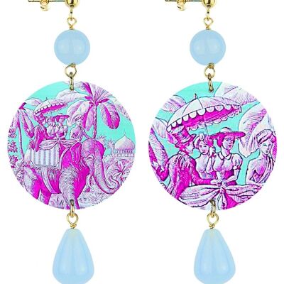 The Classic Circle Women's Earrings Toile de Jouy Light Blue Background. Made in Italy
