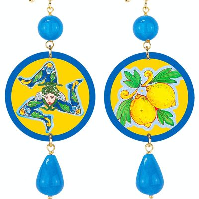 The Classic Circle Women's Earrings Sicily Trinacria and Lemons. Made in Italy