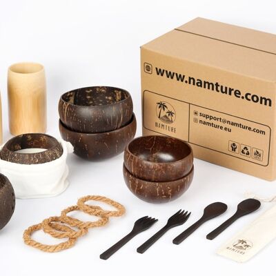 Ultimate Set Sustainable Kitchen & Interior - Gift Set - Coconut Candle + Coconut Bowl + Bamboo Cup + Straws + Candle Holder + Eco Cutlery