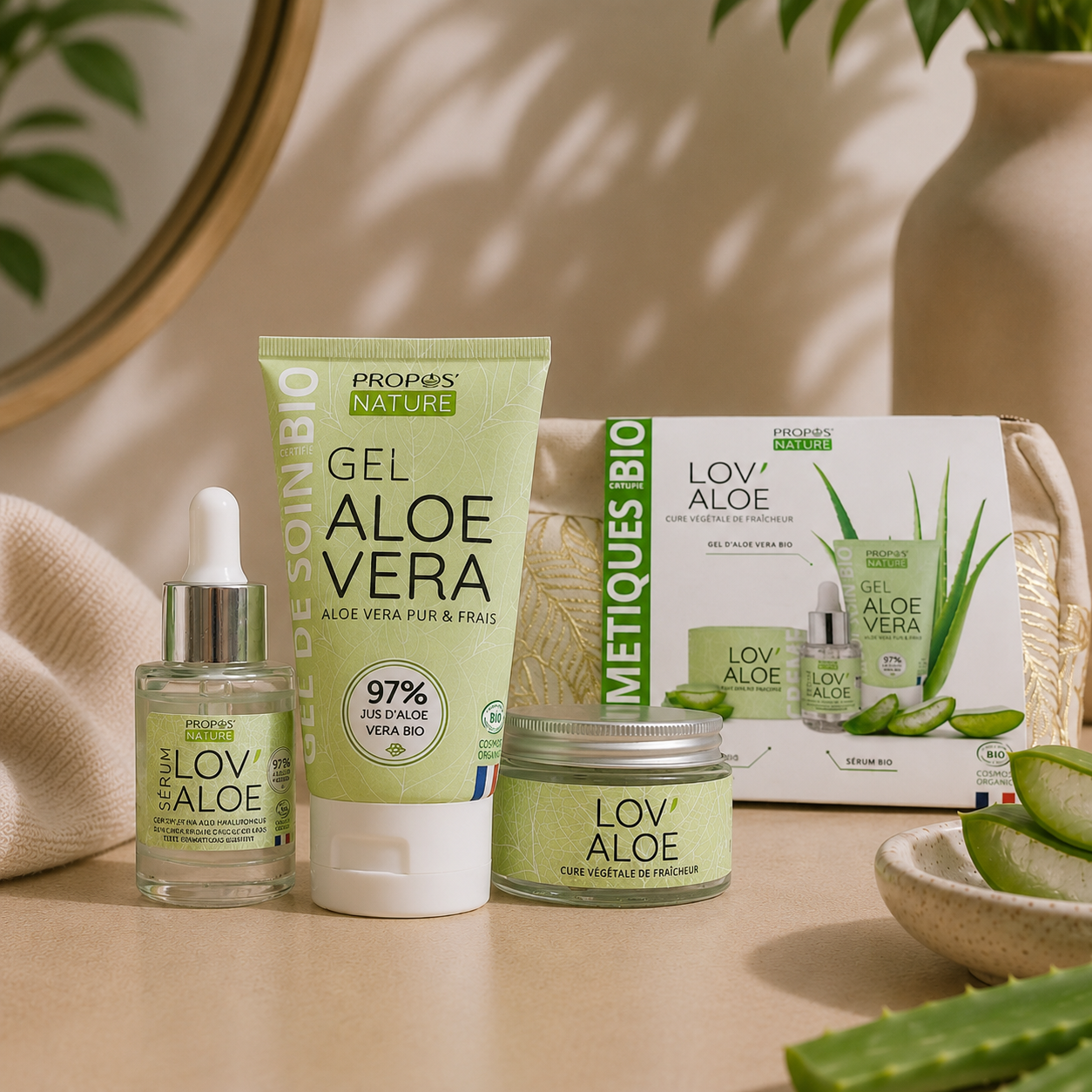 LOV'ALOE KIT – 3 BIO-ALOE VERA-BEHANDLUNGEN – GESICHTSCREME, ALOE VERA GEL UND SERUM – HERGESTELLT IN FRANKREICH – WEIHNACHTSGESCHENK – KOSMETIKBOX