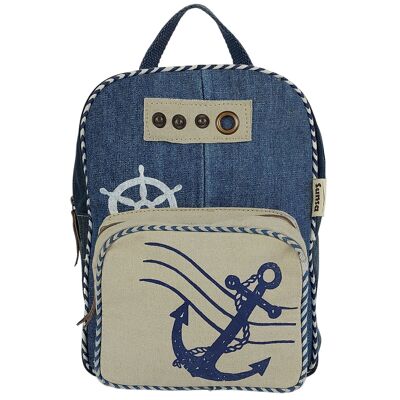 Sunsa women's backpack. Sustainable backpack made from recycled jeans, canvas & leather. Maritime anchor motif daypack/city rucksack. Leisure backpack as a gift idea for sea lovers