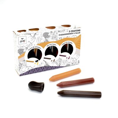 Schachtel mit 3 Bleistiften - Gourmet Truculent: Geräucherter schwarzer Knoblauch, Feige & Zimt, Curry & Kurkuma - Bio