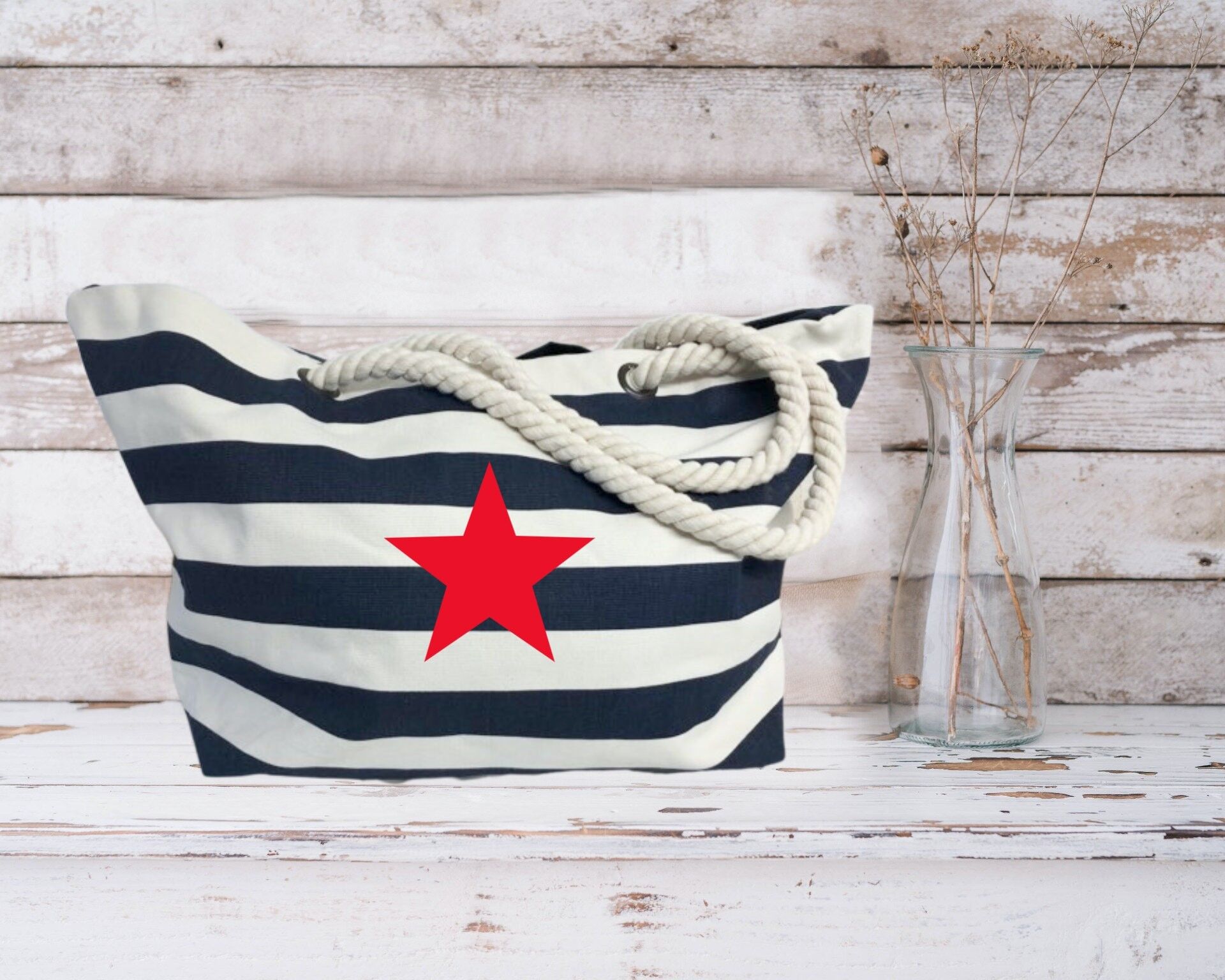 Red Star Navy Striped Nautical Beach Bag Shopper aus 100 % Baumwollsegeltuch