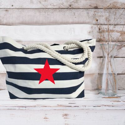 Bolsa de playa náutica de rayas azul marino Red Star 100% lona de algodón Shoppers