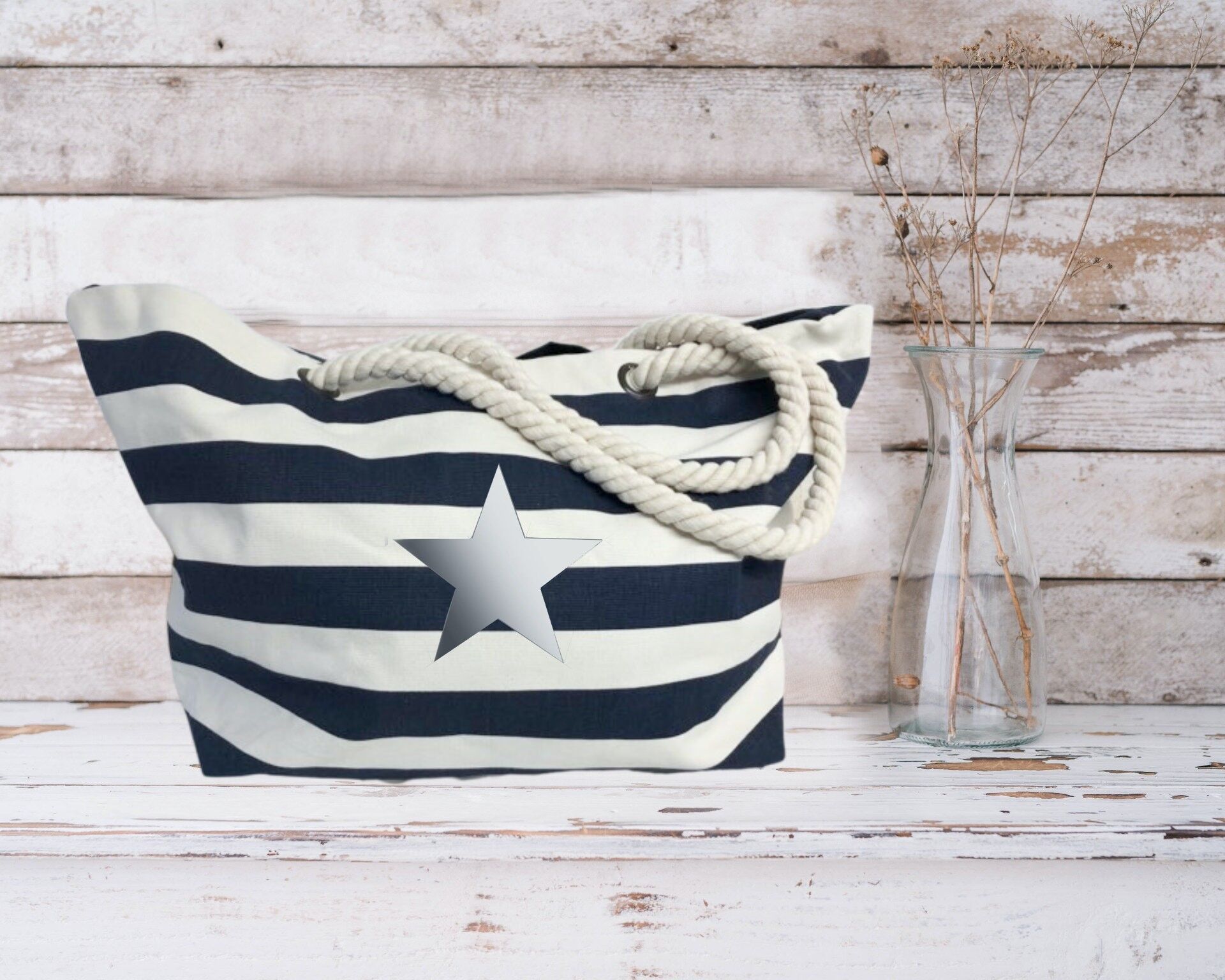 Silver Star Navy Striped Nautical Beach Bag Shopper aus 100 % Baumwollsegeltuch