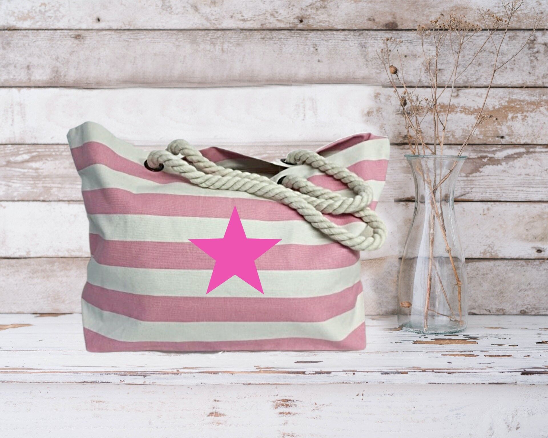 Pink Star Pink Striped Nautical Beach Bag Shopper aus 100 % Baumwollsegeltuch