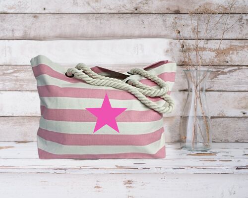 Pink Star Pink Striped Nautical Beach Bag 100% Cotton Canvas Shoppers