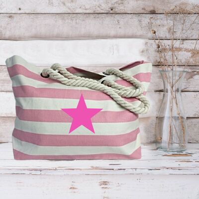 Sac de plage nautique à rayures roses Pink Star 100% toile de coton Shoppers