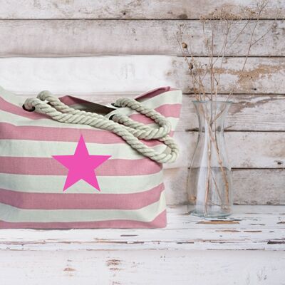 Pink Star Pink Striped Nautical Beach Bag 100% Cotton Canvas Shoppers