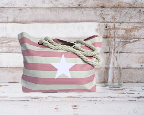 White Star Pink Striped Nautical Beach Bag 100% Cotton Canvas Shoppers